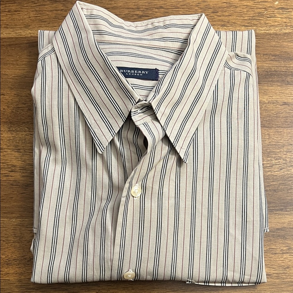 Burberry London Shirt Mens XL Beige Striped Button Up Made in USA Long Sleeve